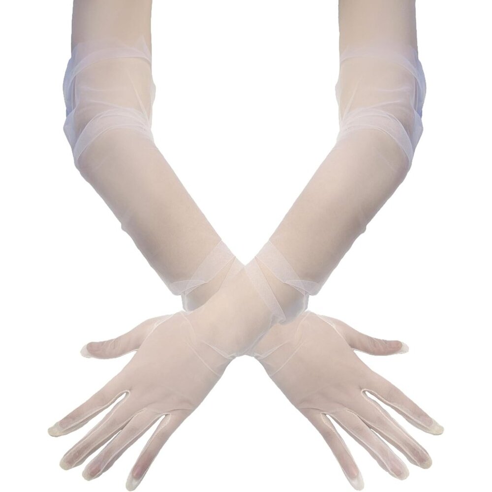 Women's White Evening Tulle Mesh Long Lace Gloves Wedding Party Costume